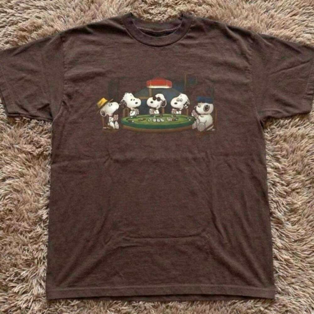 Peanuts Gang T Shirt Snoopy Spike & Olaf Poker Game Graphic Tee Dark Chocolate